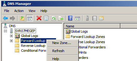 DNS konsolunda, çalışmak istediğiniz sunucunun düğümünü genişletin. Forward Lookup Zones girdisini farenin sağ düğmesiyle tıklayın ve New Zone u seçin. Ardından New Zone Wizard da, Next e tıklayın.