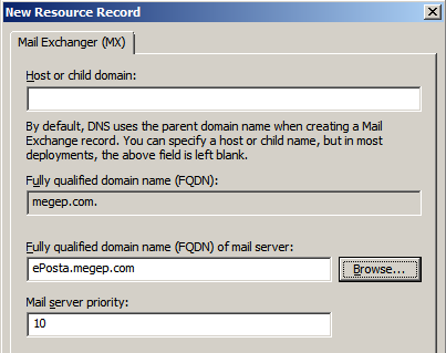 Resim 3.15: DNS MX kaydı Posta ulaştırıcısının FQDN değerini Fully Qualified Domain Name (FQDN) Of Mail Server kutusuna yazın; eposta.megep.com gibi.