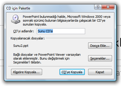 Ancak sunu hazırlama programından çıkmadan sadece mevcut sunuyu kapatmak istersek; Klavyeden CTRL+F4 tuģ birleģimiyle, Ofis düğmesine tıkladıktan sonra açılan menü seçeneklerinin en alt kısmında yer