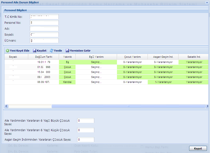(Maaş Bilgi Ekranı) (13)Aile Bilgi Girişi Personellerin Aile