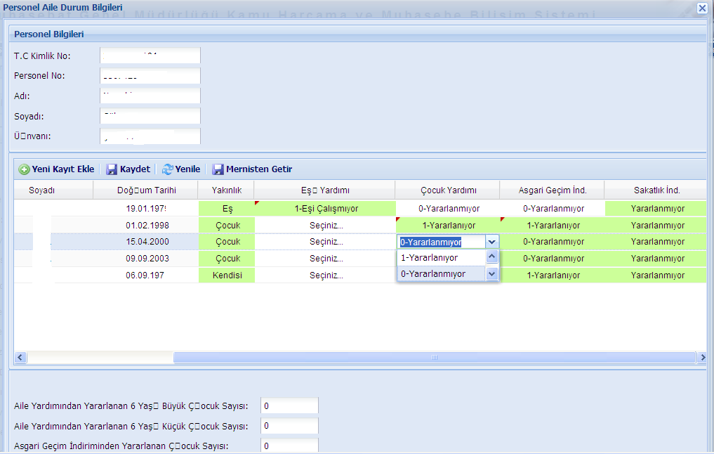(Maaş Bilgi Ekranı) (20)Aile Bilgi Girişi Personelin Diğer Çocukları içinde Aynı işlemler