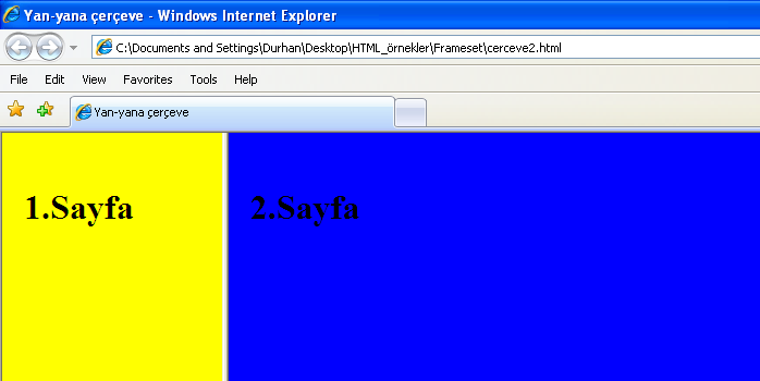 <frame name= sag src= sayfa2.html marginheight= 50 marginwidth= 20 scrolling= no > </frameset> </html> Not: Çerçeveleri ayıran çizgi eğer istenilirse kaldırılabilir.