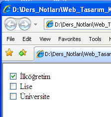 CheckBox(Onay Kutusu): Onay kutusu eklemek için kullanılır. Checked parametresi on yapılırsa varsayılan olarak onay kutusu işaretlenmiş olur.