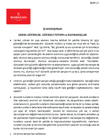 8. TOOL - BOX KONUŞMALARI Proje başlangıcında her hafta başlarında Proje Yöneticisi veya alt işveren