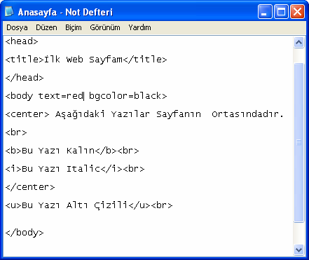 Fakat </center> kodunu <u>bu Yazı Altı Çizili</u><br> ifadesinden önce yazarsanız çıktı aynen aşağıdaki gibi olacaktır. Yukarıdaki kodları yine Anasayfa.