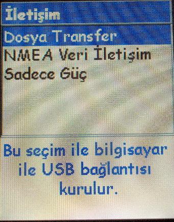 - İletişim İletişim bölümü GPS den veri almak ve GPS e veri aktarmak için kullanılır. Explorist 500/600 modellerinde dosya aktarımı yapılacak hafıza (dahili/sd) seçilir.