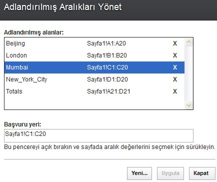 Yordam 1. Ekle > Adlandırılmış Aralık > Adlandırılmış Aralıkları Yönet seçeneğini tıklatın. 2. Adlandırılmış aralığın konumunu görmek için aralık adını tıklatın.