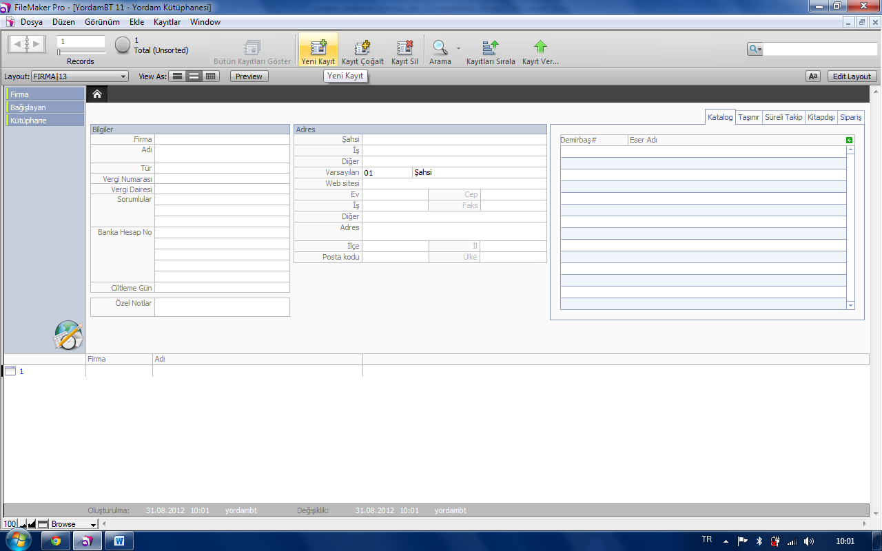 Önce firma tablosuna geçin. Yeni kayıt (ctrl+n) komutunu kullanarak boş kayıt oluşturun. Firma alanına bir firma kodu girin (F0001, F0002 vs.