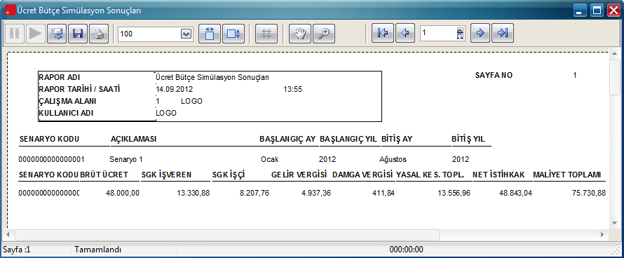 Ücret Simülasyon Sonuçları Ücret bütçe simülasyon sonuçlarının raporlandığı seçenektir.