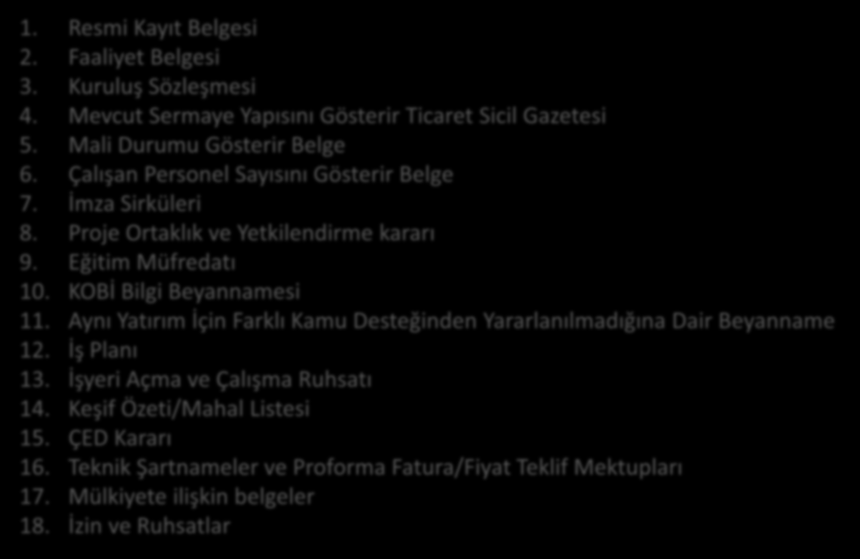 Destekleyici Belgeler - Kar Amacı Güden Kuruluşlar için 1. Resmi Kayıt Belgesi 2. Faaliyet Belgesi 3. Kuruluş Sözleşmesi 4. Mevcut Sermaye Yapısını Gösterir Ticaret Sicil Gazetesi 5.