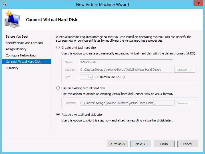 Hedef sanal makineye herhangi bir sanal disk eklemeden Attach a virtual hard disk later seçimiyle ilerleyin.