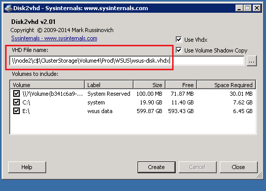 Çevrim Adımları Örnek sanal makine üzerindeki Disk ve Volume dağılımı şu şekilde. 1) Disk2vhd aracını VMWare ESX kaynak sanal makinesi üzerinde çalıştırın. Çevirmek istediğiniz Volume ları seçin.