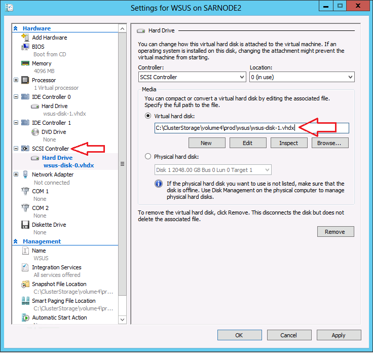 WSUS için veritabanı ve güncelleştirme içeriklerinin bulunduğu diğer VHDX i (wsus-disk- 1.vhdx) ise SCSI Controller üzerine ekliyorum.