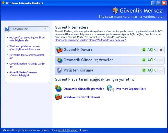 Güvenlik merkezi penceresinde otomatik güncelleştirmeler virüs programı ve güvenlik duvarı için gerekli ayarlar görülmektedir. Buradan hepsinin açık olduğunu görüyoruz.