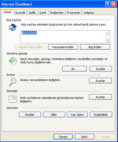 İnternet seçenekleri İnternet Explorer tarayıcısının kullanımındaki ayarları yapmamızı sağlar Genel sekmesinde giriş sayfasının ayarlarını yapabiliriz.