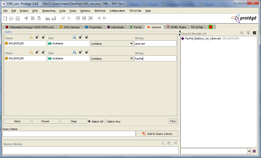 Şekil 10 Protege semantic arama (b) Şekil 10.b'de görüldüğü gibi yine eklentiler sınıfı üzerinde açıklama alanına göre çapraz bir sorgulama işlemi yapılmıştır.