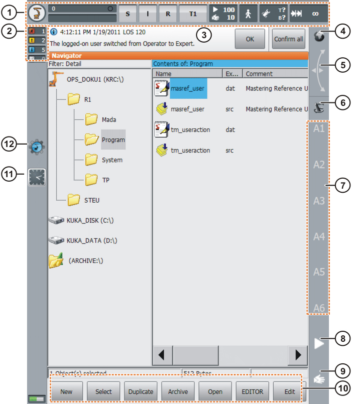 ERPE-METEG 1 Status Bar 7 Hareket Tuşları (Aks: A1, A2, A3, A4, A5, A6 Kartezyen: X, Y, Z, A, B, C) 2 Mesaj Sayacı 8 POV Program Override 3 Mesaj Penceresi 9 HOV Jog Override 4 6D Mouse Koordinat