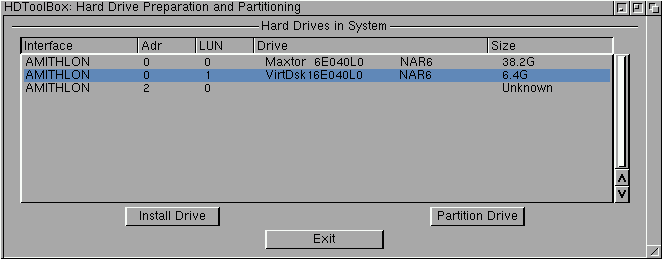 Adım 5) Sanal Sabittiskte yeni Amiga partisyonları oluşturun ve AmigaOS3.9 kurun Bir önceki adımda oluşturduğunuz Type76 (0x76) partisyon Amithlon tarafından bir Amiga sabitdiski gibi algılanır.