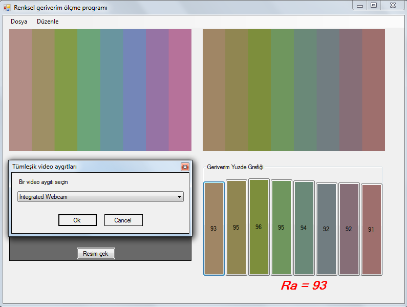 Programın Düzenle ve Geriverim hesapla menüsü ile test resminin her bir renk bloğunun ortalama RGB renk değerlerini hesaplayarak orijinal RGB renk değerleriyle karşılaştırmakta ve her renk bloğunun