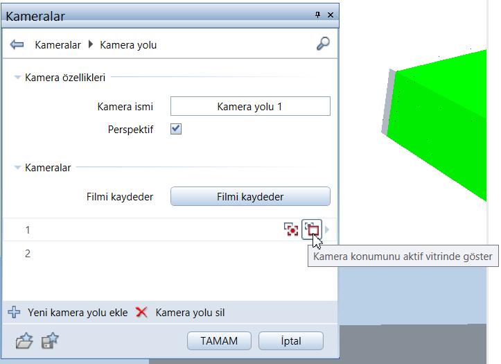 24 Kameralar ve filmler Allplan 2015 Kameralar ve filmler Kamera Yolu Tanımla ve Film Kaydet komutlarında bazı gelişmeler yaptık.