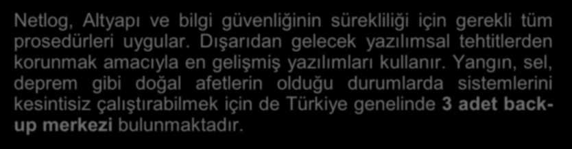 Bilgi Güvenliği Netlog, Altyapı ve bilgi güvenliğinin sürekliliği için gerekli tüm prosedürleri uygular.