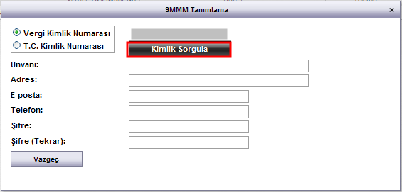 3. Gelen SMMM Đşlemleri ekranında bulunan Yeni Kayıt düğmesine tıklayınız. Şekil 5: SMMM Đşlemleri Ekranı 4. SMMM Tanımlama ekranı açılır. Vergi / T.C.