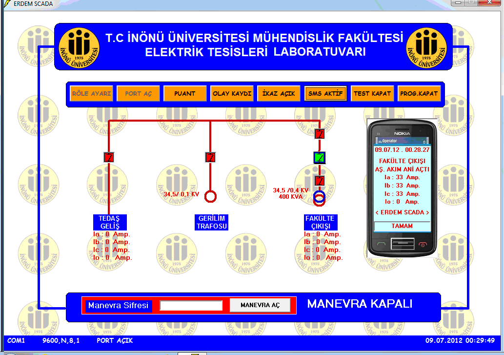 Şekil 7: Kayıt altına alınan akım değerlerinin ekranda yazdırılması Şekil 8: Rölenin arıza durum bilgilerinin GSM vasıtasıyla SMS olarak gönderilmesi Sistemin haberleşmesi bilgisayarın haberleşme