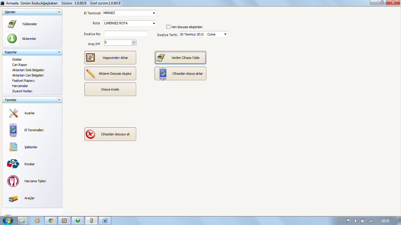 İŞLEMLER YÜKLEMELER : Vegawinden Aktar ; Vegawin den Armada Veritabanına gerekli data lar taşınır ( Cari Kartlar-Stok Kartları-Satış Protokolleri ( Satın Alma Programındaki Satış Anlaşmaları )