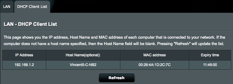 4.2.2 DHCP İstemci Listesi DHCP İstemci Listesi ekranı DHCP istemcisi bilgilerini görüntüler. Bağlı istemciler listesini güncellemek için Refresh (Yenile) düğmesine tıklayın. 4.