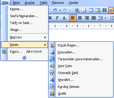 Belgeye Resim Ekleme: ġekil 37 Resim Ekleme Aracı ġekil 38 Çizim Araç Çubuğu Şekil 37 deki Küçük resim bölümü Word un kendi içerisinde bulunan hazır resimleri kullanmak için kullanılır.