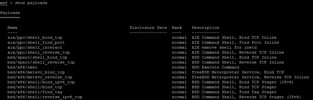 msfconsole Show komutu ile modüller hakkında bilgi alınabilir. Sadece show komutu yazıldığında metasploitte ki bütün modüller ve bu modüllerin açıklamaları ekrana yazılacaktır.