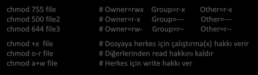 Dosya İzinleriyle Oynama Dosya/klasör İzinlerinde değişiklik yapmaya yarayan komut.