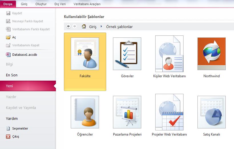 Veri tabanında bulunan hazır şablonlar yardımıyla istenen veri tabanı türüne göre verileri hızlı bir şekilde organize etmek mümkündür.