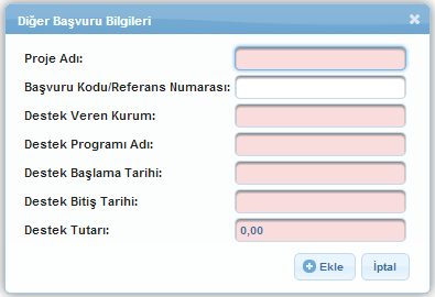 Diğer Başvurular: Diğer Başvurular adımında son üç yılda ulusal ya da uluslararası kurum ve kuruluşlardan sağlanan mali destekler ile henüz sonuçlanmamış mali destek başvurularının belirtilmesi