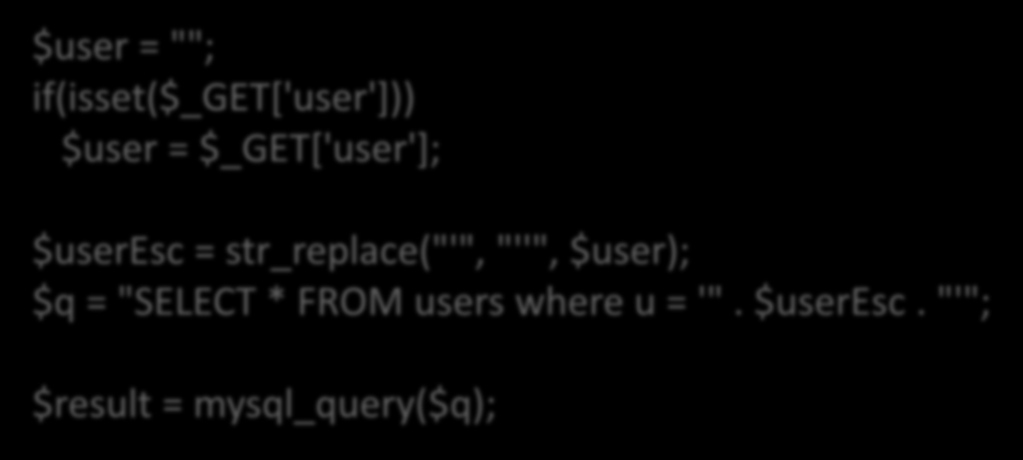 MySQL Escape - Hata $user = ""; if(isset($_get['user'])) $user = $_GET['user']; $useresc =