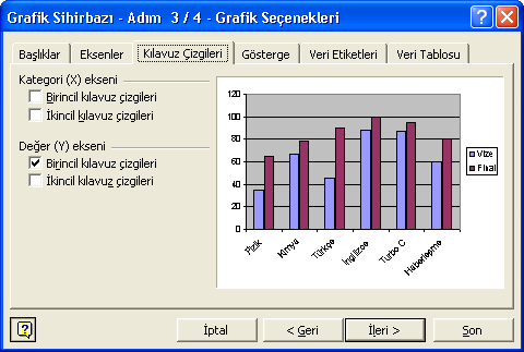 Kılavuz Çizgileri sekmesinde ise grafiğin daha iyi incelenebilmesi için satır ve sütunlarda kılavuz eksenlerin grafik ortamda görülmesi sağlanır. Şekil 4.