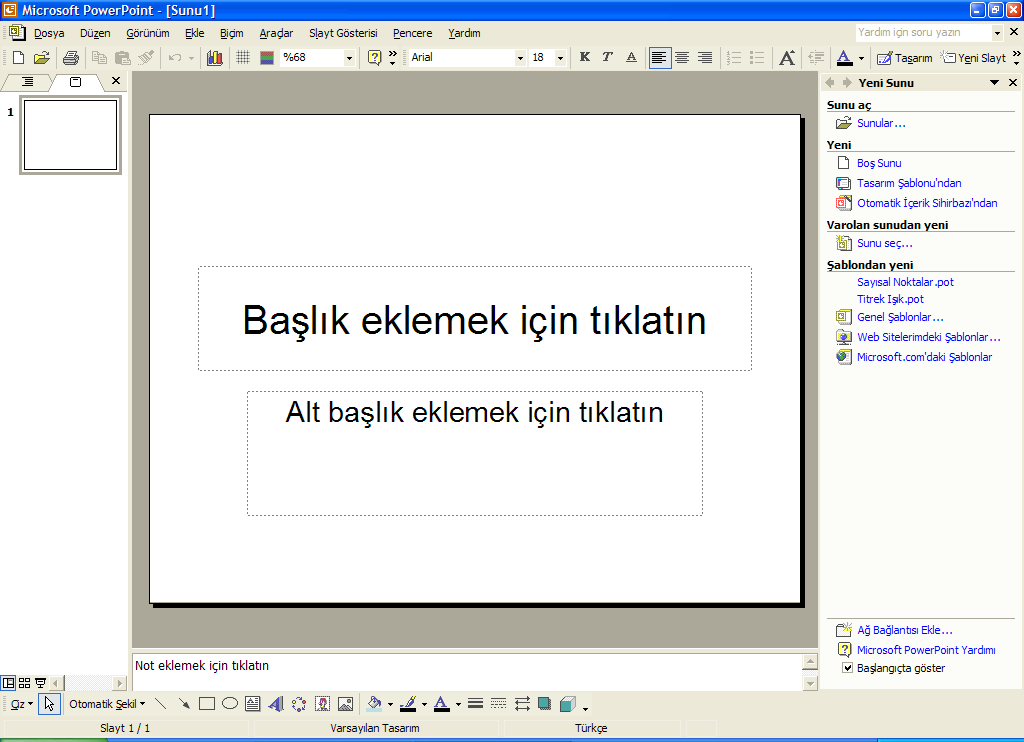 5.2. PROGRAMININ BAġLATILMASI VE BĠR SUNU SAYFASININ AÇILMASI PowerPoint programını baģlatmak için görev çubuğundaki Start düğmesi tıklanır. Açılan menüden Programların altından seçilir.