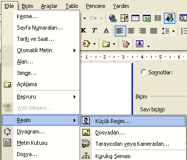 3.4.7 Resim ekleme Şekil 3.27 Bir dipnot örneği Belgenize küçük resim, tarayıcıdan resim, dosyadan resim, vb. gibi nesneler eklemek için Ekle / Resim komutları seçilir. Şekil 3.27 Resim ekleme 3.4.8 Resim yazısı ekleme Resim yazıları "ġekil 1," gibi tablolara, Ģekillere, denklemlere veya diğer öğelere ekleyebileceğiniz numaralandırılmıģ etiketlerdir.