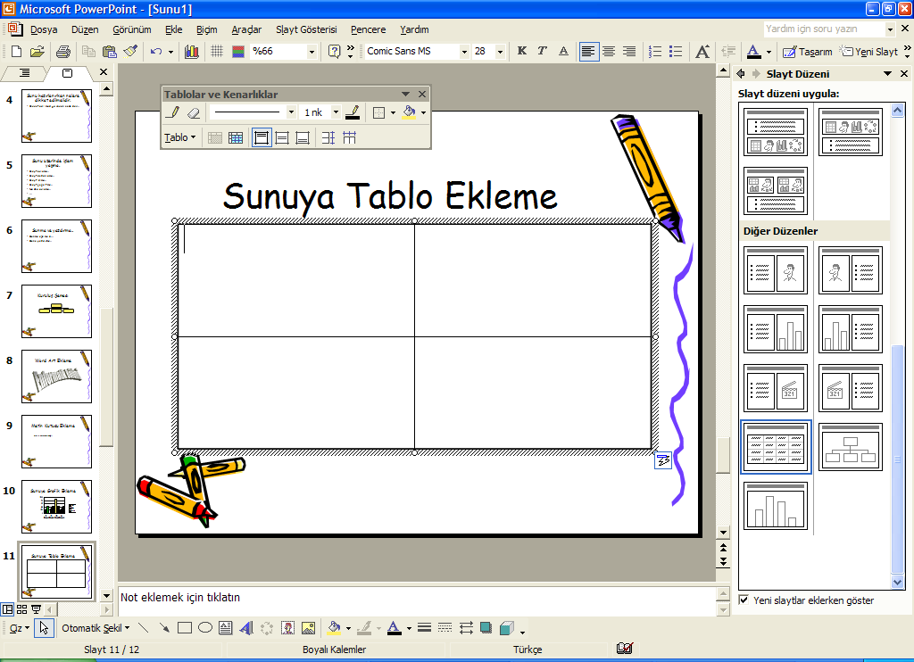 5.3.9. Sunuya Tablo Ekleme Sunudaki bir slayt üzerine tablo eklemek için Ekle menüsündeki Tablo komutu kullanılır.