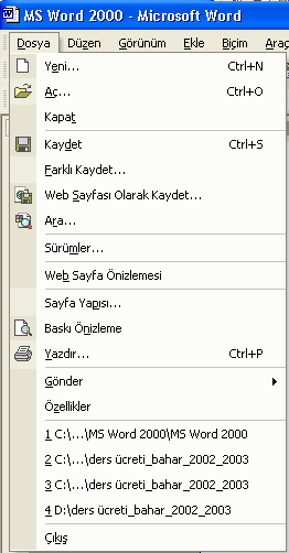 3.7 MICROSOFT WORD XP MENÜLERĠ 3.7.1 Dosya Menüsü Şekil 3.