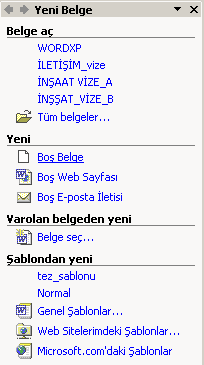 3.2 OFĠS PROGRAMLARINA GĠRĠġ VE WORD XP 3.2.1 GiriĢ En çok kullanılan program olma özelliğine sahip Microsof Ofis uygulamalarında yapılan ortak iģlemler sırası ile anlatılmıģtır. 3.2.2 Yeni Belge OluĢturma Kullanıcı Ofis uygulamalarında, yeni bir belge oluģturmak için aģağıda belirtilen üç yöntemden birini kullanabilir.