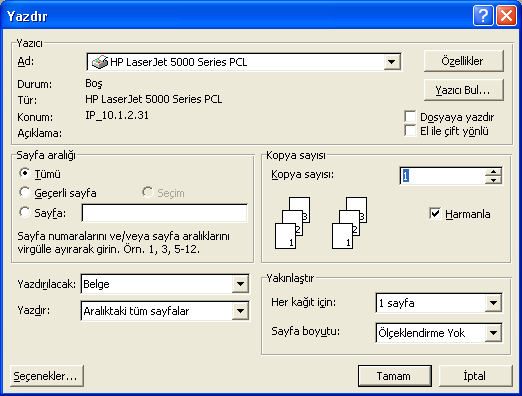 Ayrıca yazıcının birden fazla kağıt kaynağı varsa hangi kaynaktan kağıt kullanılacağı gibi seçeneklerde buradan ayarlanabilmektedir.