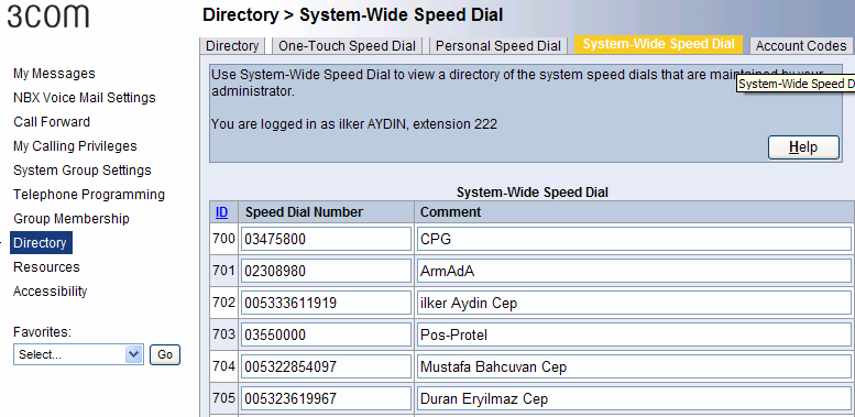 Personal Speed Dial: Kişisel hızlı arama listelerinizi oluşturmak için bu sayfayı kullanın. NBX sisteminde kişisel hızlı arama kodları Feature 6xx aranır.