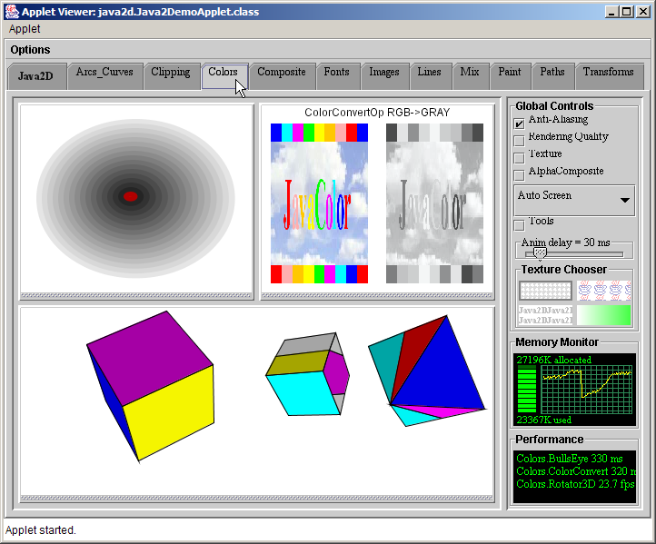 Click a tab to select a twodimensional graphics demo.