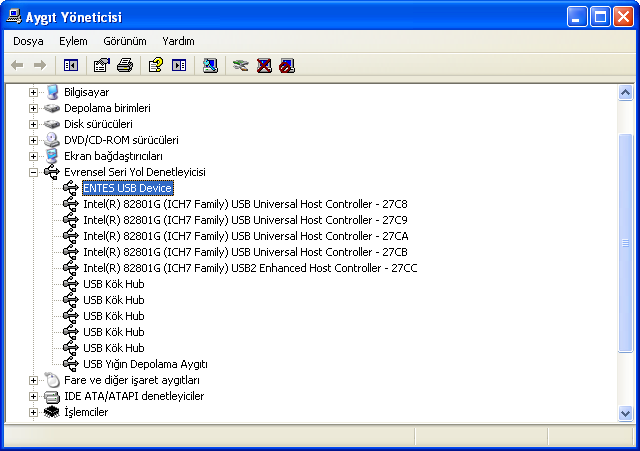 7. Kurulum tamamlandıktan sonra Bilgisayarım->Denetim Masası->Sistem->Donanım->Aygıt Yöneticisi->Evrensel Seri Yol Denetleyici seçeneğinden cihazınızı görebilirsiniz.