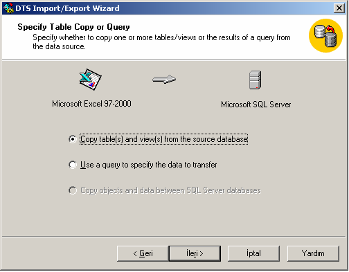 4. Ekran 7 de bize bilgilerin Microsoft Excel 97-2000 den Microsoft SQL Server a aktarılacağını göstermektedir.
