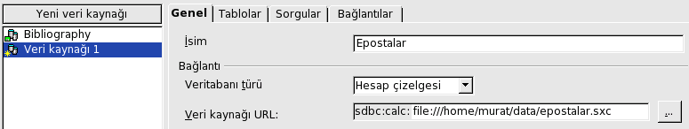 OpenOffice.org Calc Veri Kaynakları 1 2 3 4 Bu aşamada, Yeni veri kaynağı ikonuna tıkladıktan sonra, bize uygun olan bilgileri burada uygun yerlere giriyoruz. 1. Yeni veri kaynağını oluştur, 2.