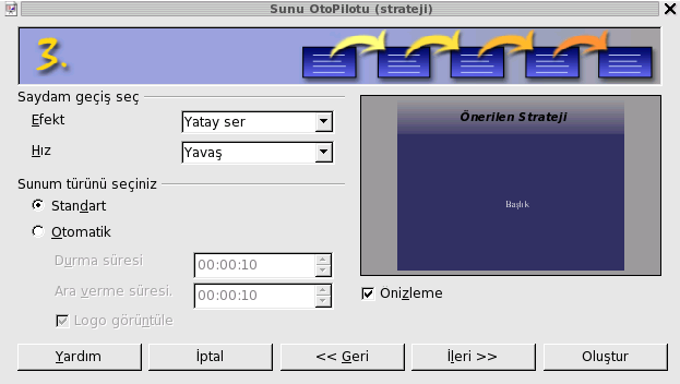 OpenOffice.org Impress ile Sunu Oluşturmak Şablon kullanılarak oluşturulan bu sunuma ait efeklerin nasıl olacağını ayarlıyoruz. Efek olarak Yatay ser türünü seçiyoruz.