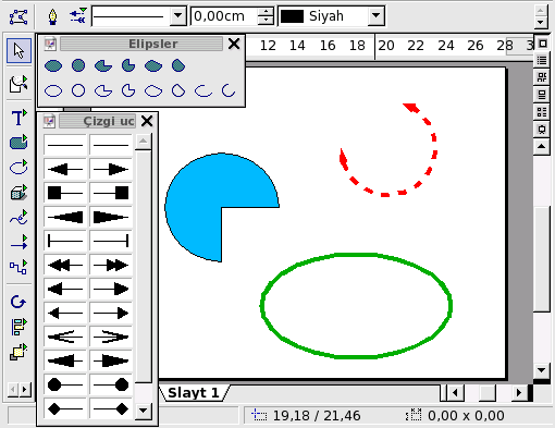 OpenOffice.org Impress ile Çizim İşlemleri Elipsler sekmesini kullanarak, istediğiniz ölçekte ve tipte elips veya elips parçası oluşturabilirsiniz.