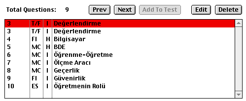 B İ LGİ SAYAR DESTEKLİ ÖLÇME VE DEĞ ERLENDİ RME 161 5.1.2. Soru Türü Programda soru türü olarak dört şablon verilmiştir. Bunlar; çoktan seçmeli, doğruyanlış, doldurmalı ve essey tipi sorulardır.